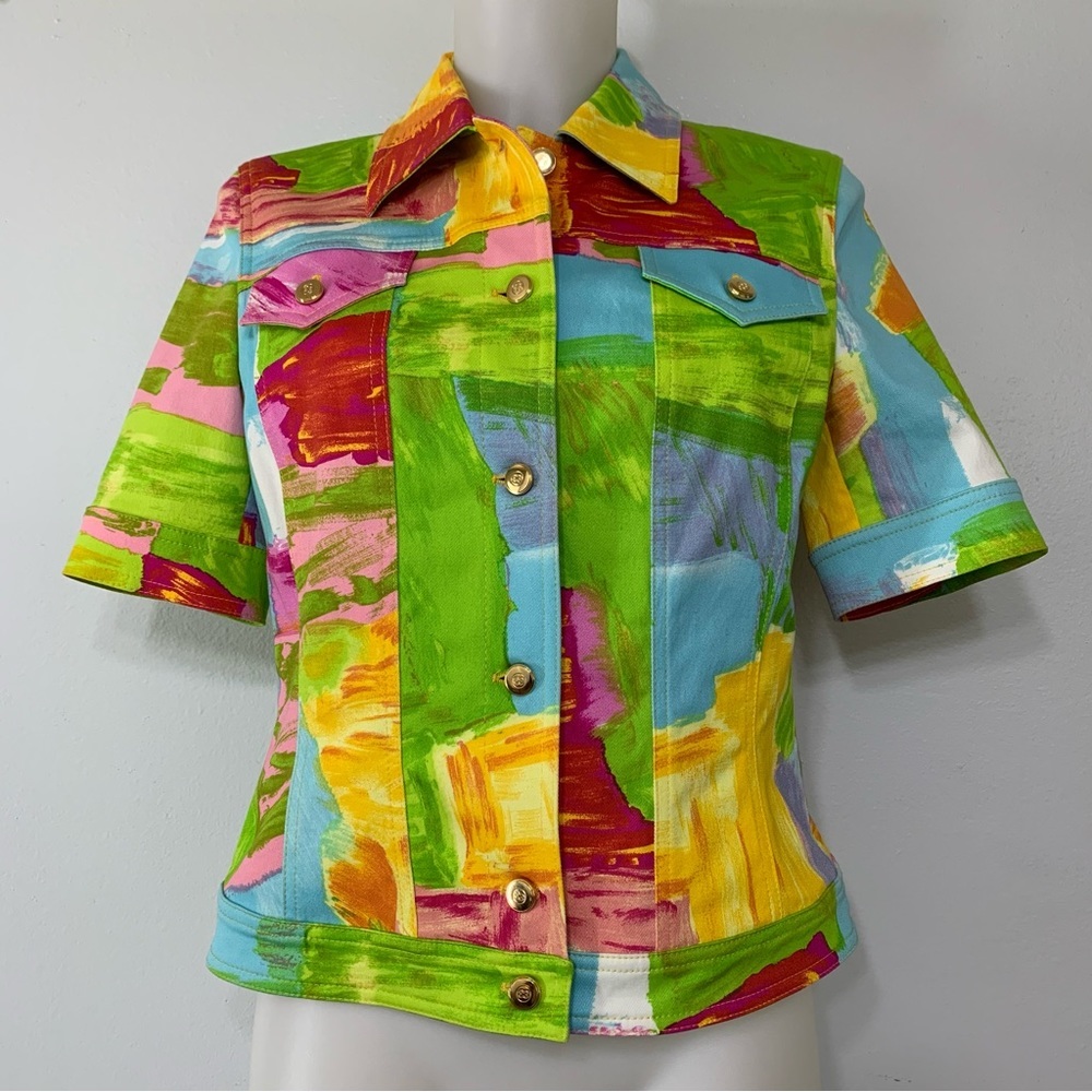 Escada Short Sleeve Button-Down Jacket in Green, Yellow, Blue, Pink